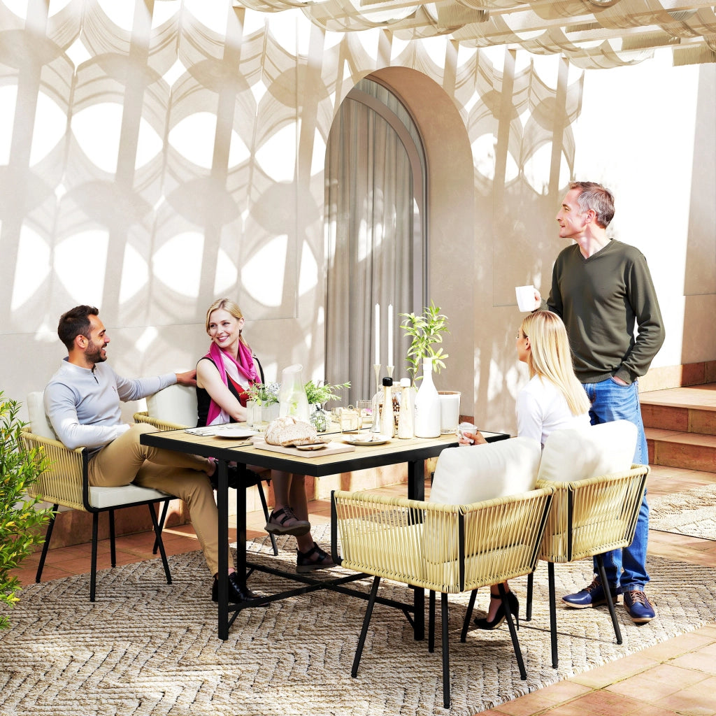 Set 5 Pezzi da Giardino con Tavolo 110x110x74 cm e 4 Sedie in Rattan PE e Legno Beige