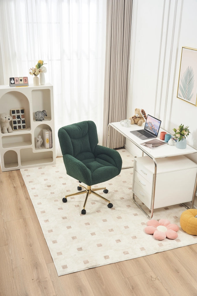 Sedia da ufficio girevole con altezza regolabile e ruote a 360 gradi, design ergonomico in tessuto teddy verde
