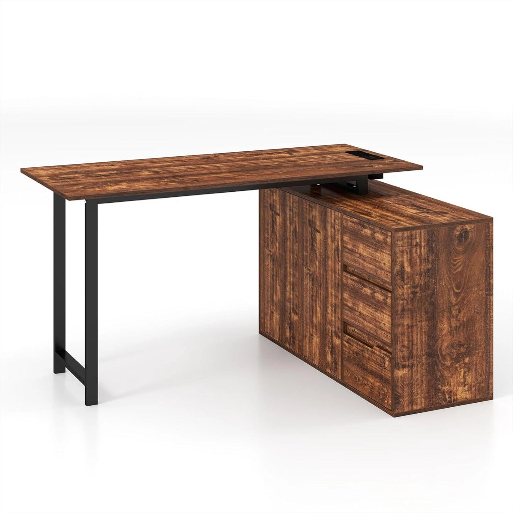 Scrivania da Studio a Forma di L, Scrivania Angolare Reversibile da 138 cm con Armadietto, Cassetti e Stazione di Ricarica (Marrone)