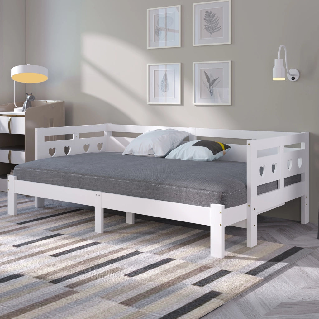 OKWISH Letto estraibile 90×200 cm, Letto Singolo allungabile, Cuore, rete con ruote, senza Materasso, in Legno, Bianco