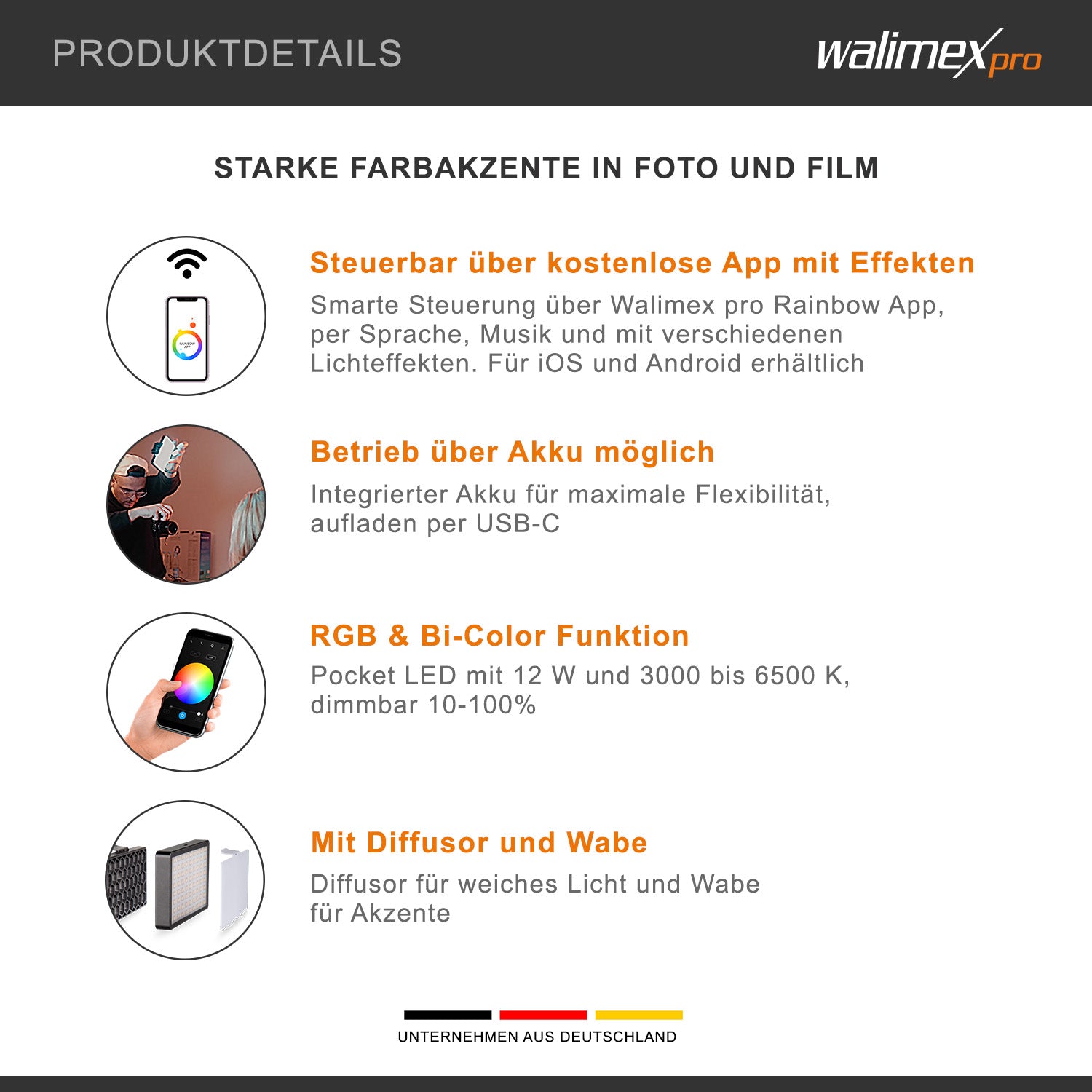 Rainbow Pocket Pannello LED fotografia - Luce fotografica video bicolore con batteria ricaricabile e USB, cambio colore RGBWW, controllo tramite app