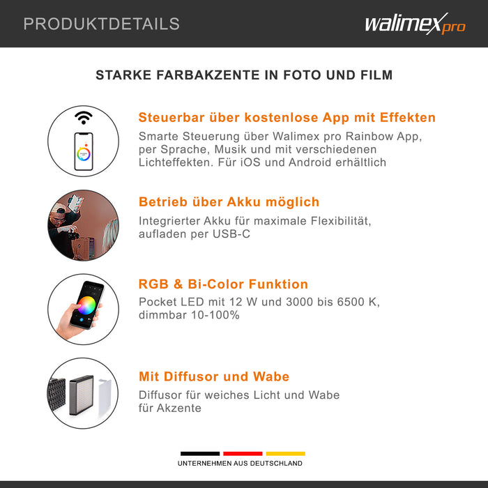 Rainbow Pocket Pannello LED fotografia - Luce fotografica video bicolore con batteria ricaricabile e USB, cambio colore RGBWW, controllo tramite app