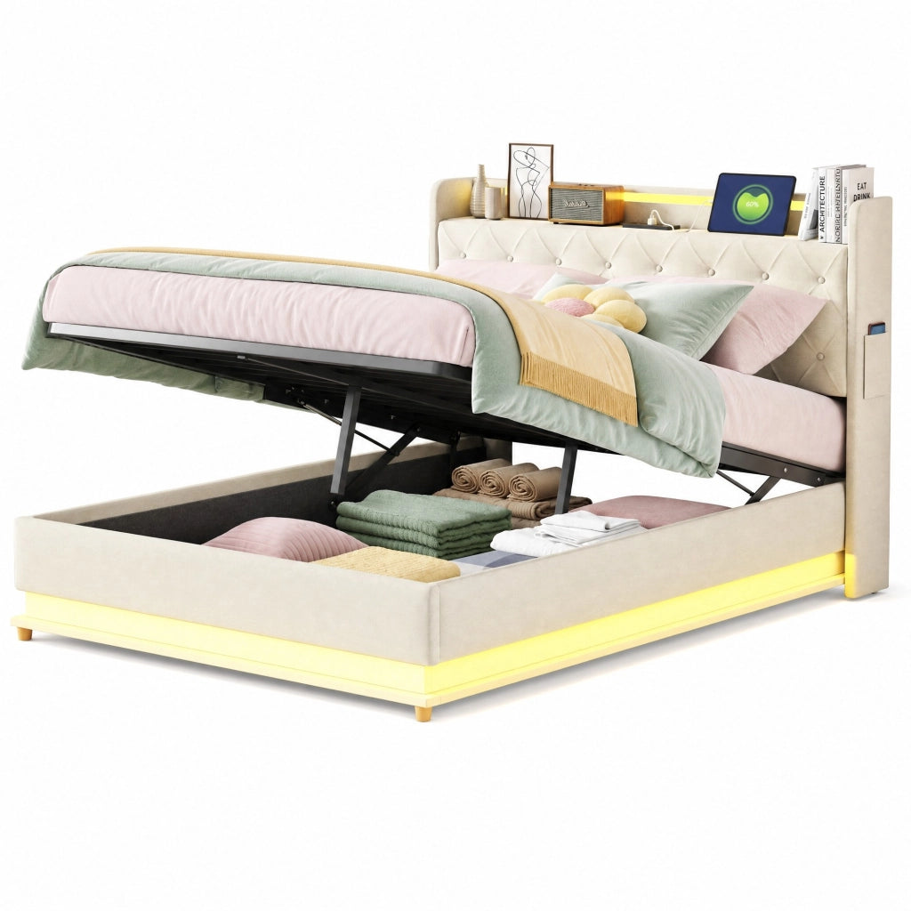 Letto imbottito LED 140x200 cm con porta USB; contenitore idraulico e tessuto effetto lino beige