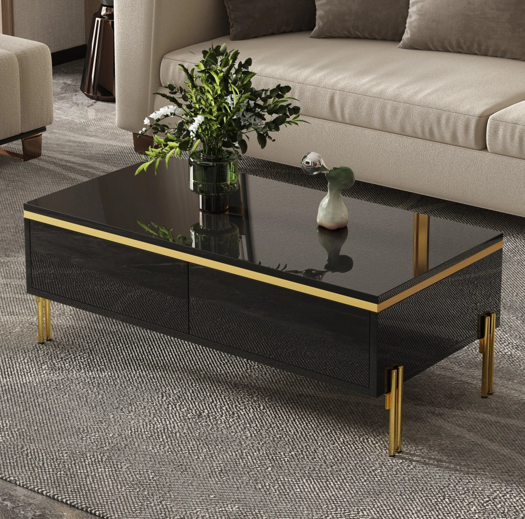 Tavolino da caffè 100x50x36 cm con doppio cassetto; finitura lucida; truciolare nero