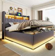 Letto imbottito 180x200 cm con LED multicolore, USB e contenitore grigio