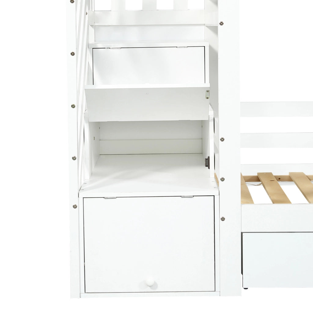 Letto a castello per bambini con scala contenitore e cassetto su ruote