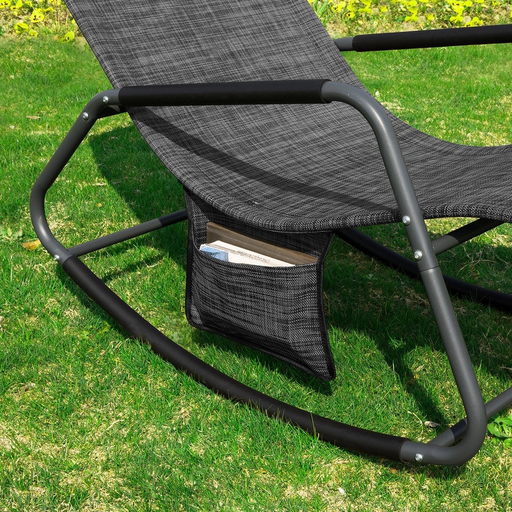 SoBuy Dondolo da Giardino Sedia a Dondolo da Esterno Lettino Prendisole con Tasca Laterale Poltrona da Giardino Sdraio per Patio Balcone Campeggio Spiaggia Nero/Grigio 143x57x85 cm OGS47-MS