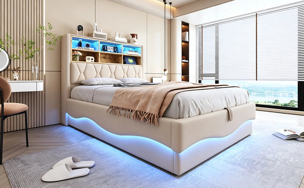 Letto contenitore 140 × 200 cm con LED regolabile, USB, vano integrato, senza materasso, in tessuto lino beige