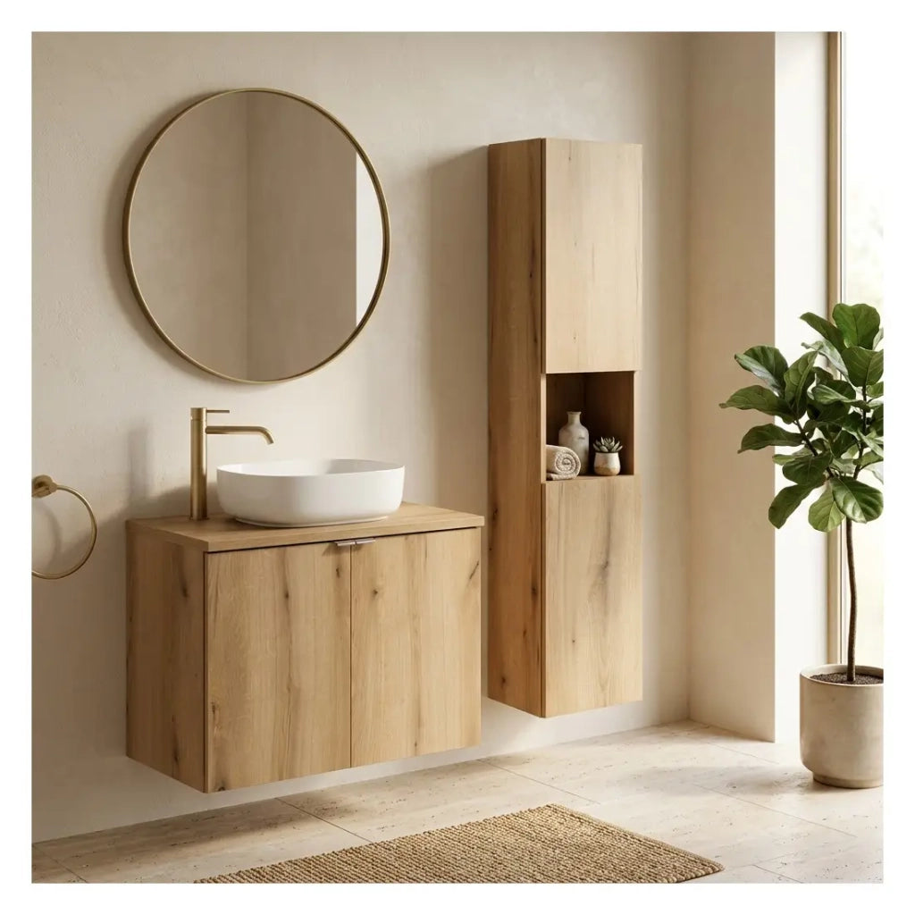 Set da bagno sospeso VANO effetto rovere 110cm: mobili sotto lavabo con armadietti + piano per lavabo + colonna