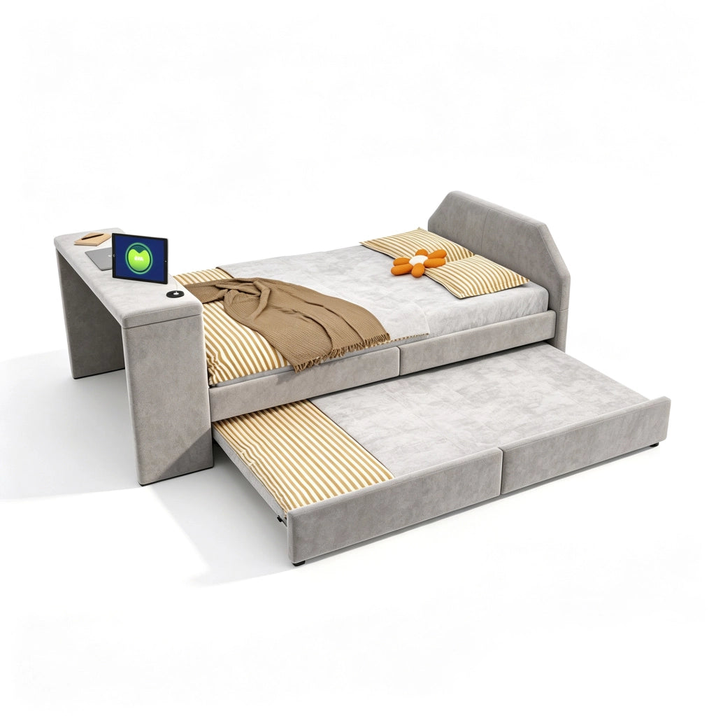 Letto imbottito per bambini 90x200 cm con scrivania, USB e letto estraibile in velluto grigio