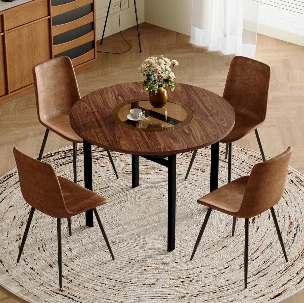 Set tavolo da pranzo rotondo Ø100 cm con ripiano e 4 sedie in tessuto tecnico marrone HOMVRA