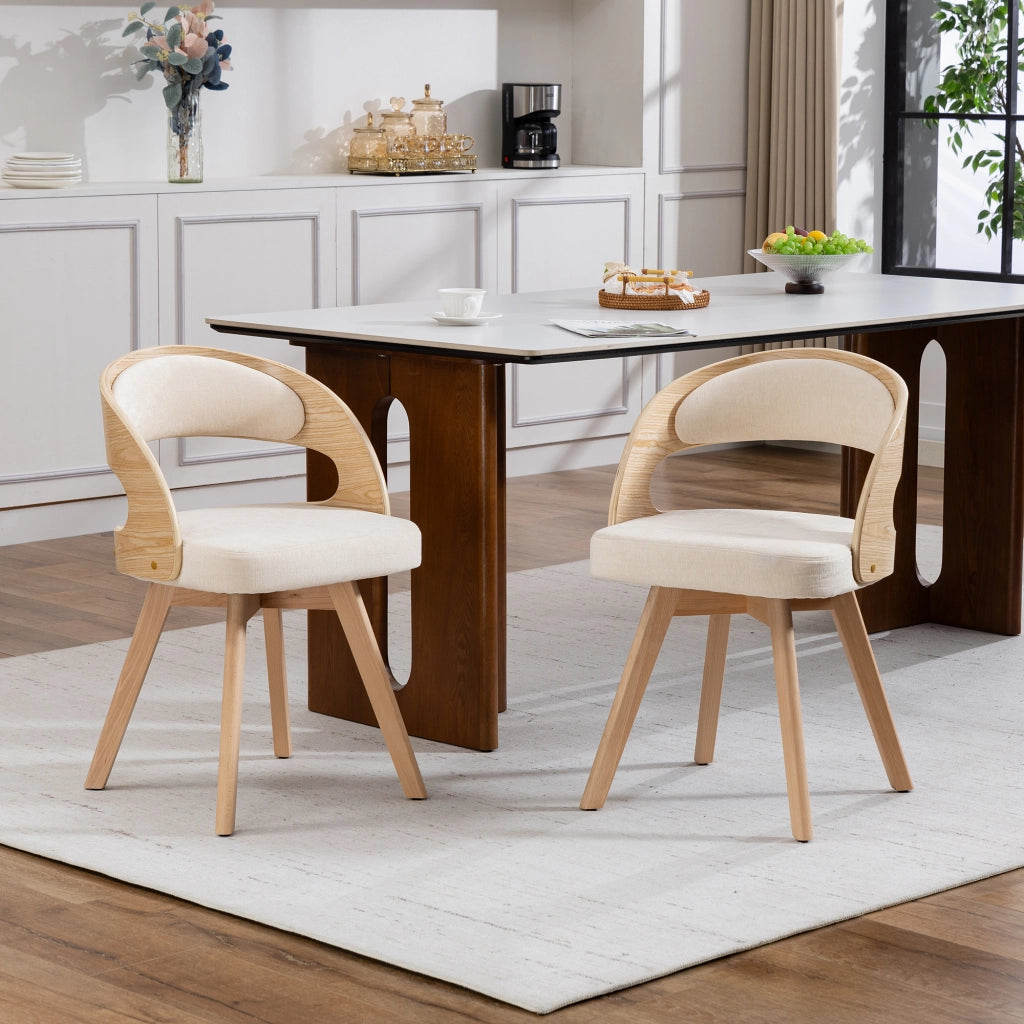 Sedia da Pranzo Girevole con Seduta Imbottita e Schienale Ergonomico in Lino Beige