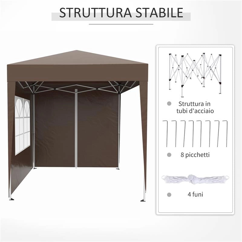 GAZEBO PIEGHEVOLE CON 4 PARETI RIMOVIBILI E BORSA DA TRASPORTO IN METALLO E POLIESTERE 2X2X2.4 M MARRONE