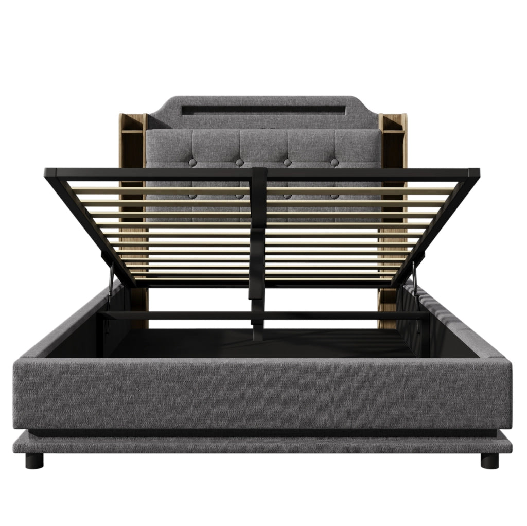 Letto imbottito ULEVR 140x200 cm con contenitore idraulico, LED, USB e Type-C, lino grigio