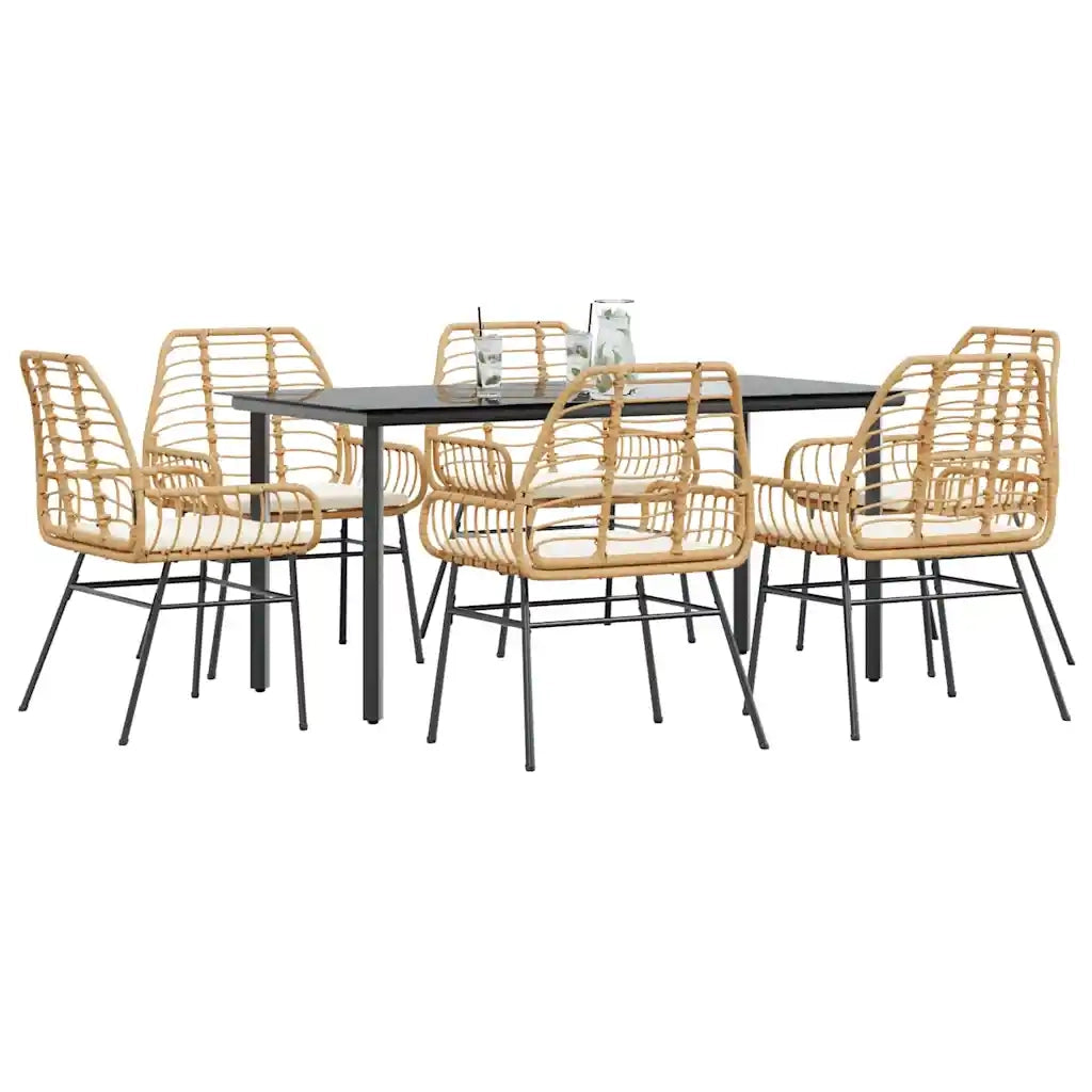 Set Pranzo da Giardino 7pz con Cuscini Marrone Polyrattan Vetro 3334559