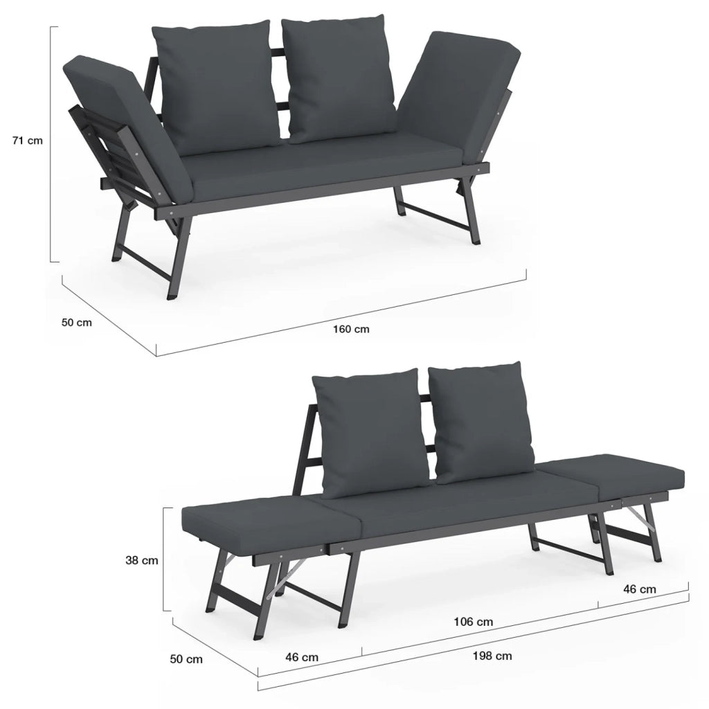 IDMarket - Divano da giardino e panca trasformabile NOLA a 2/3 posti con braccioli reclinabili in metallo e cuscini grigio antracite