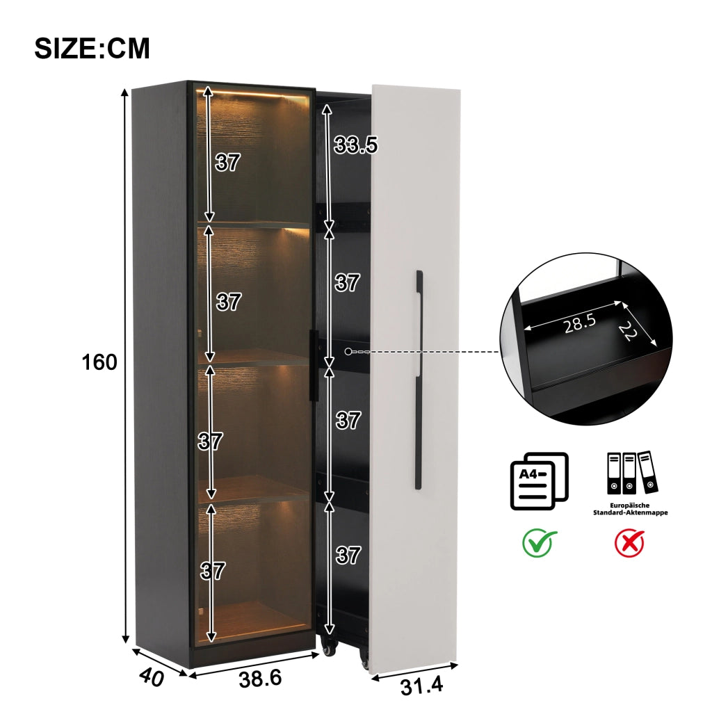 Vetrina multifunzione 70x40x160 cm con LED, ante in vetro e contenitore laterale, nero/bianco