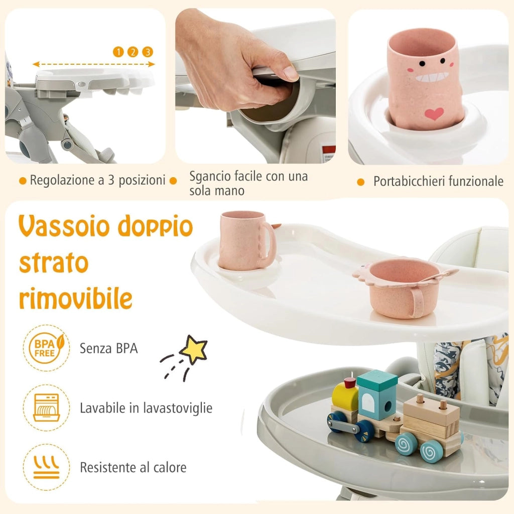 Seggiolone Pappa per Bambini e Neonati, Seggiolone Pieghevole Multifunzione con Ruote, Altezza Regolabile, Poggiapiedi e Schienale, Vassoio Rimovibile, per 6-36 Mesi (Bianco)