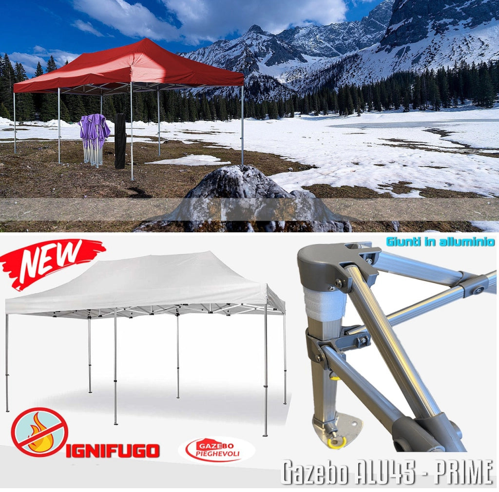 Gazebo 3x6 m bianco certificato IGNIFUGO SENZA laterali pieghevole alluminio piantone esagonale 45mm portatile estendibile richiudibile estensibile acciaio per fiere eventi stand chiosco tenda tendone mercato mercatino