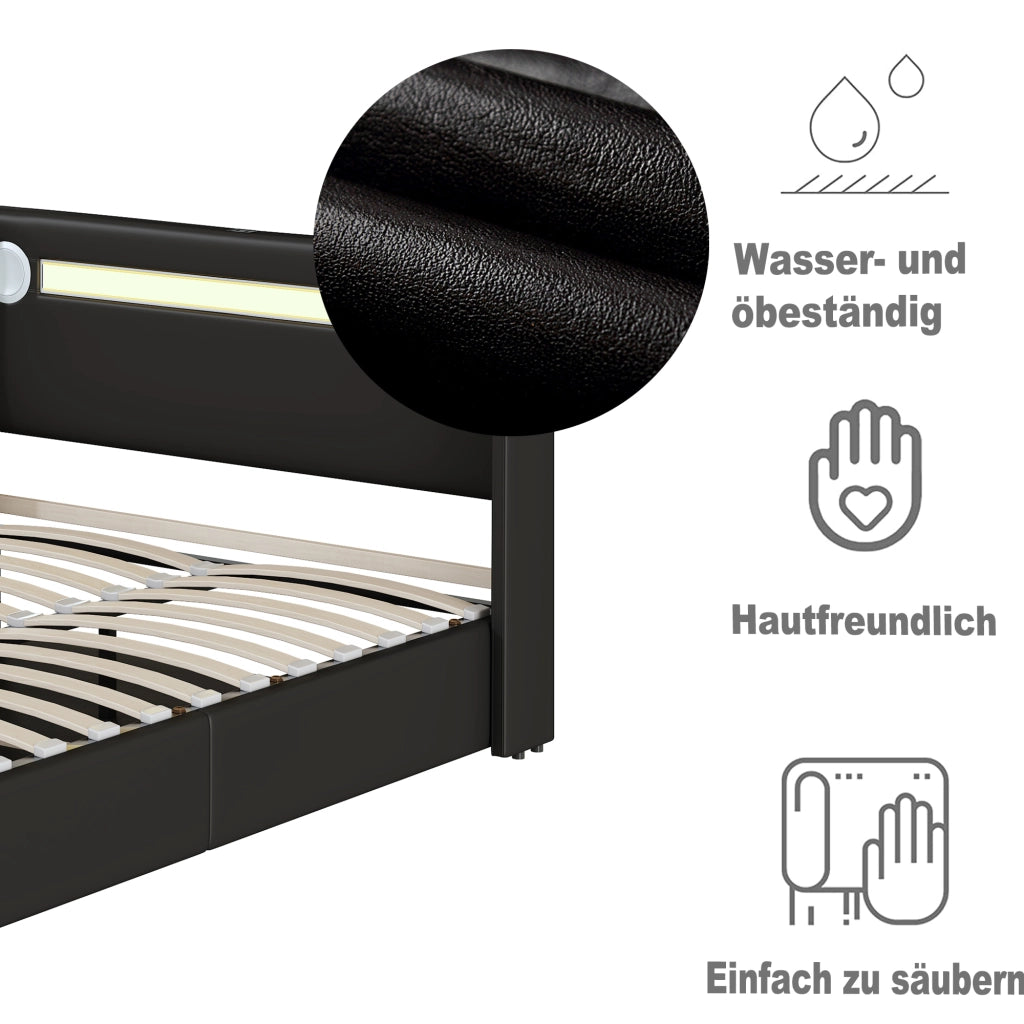 Letto contenitore matrimoniale 160×200 cm con LED; Bluetooth e USB; senza materasso; PU pelle; nero