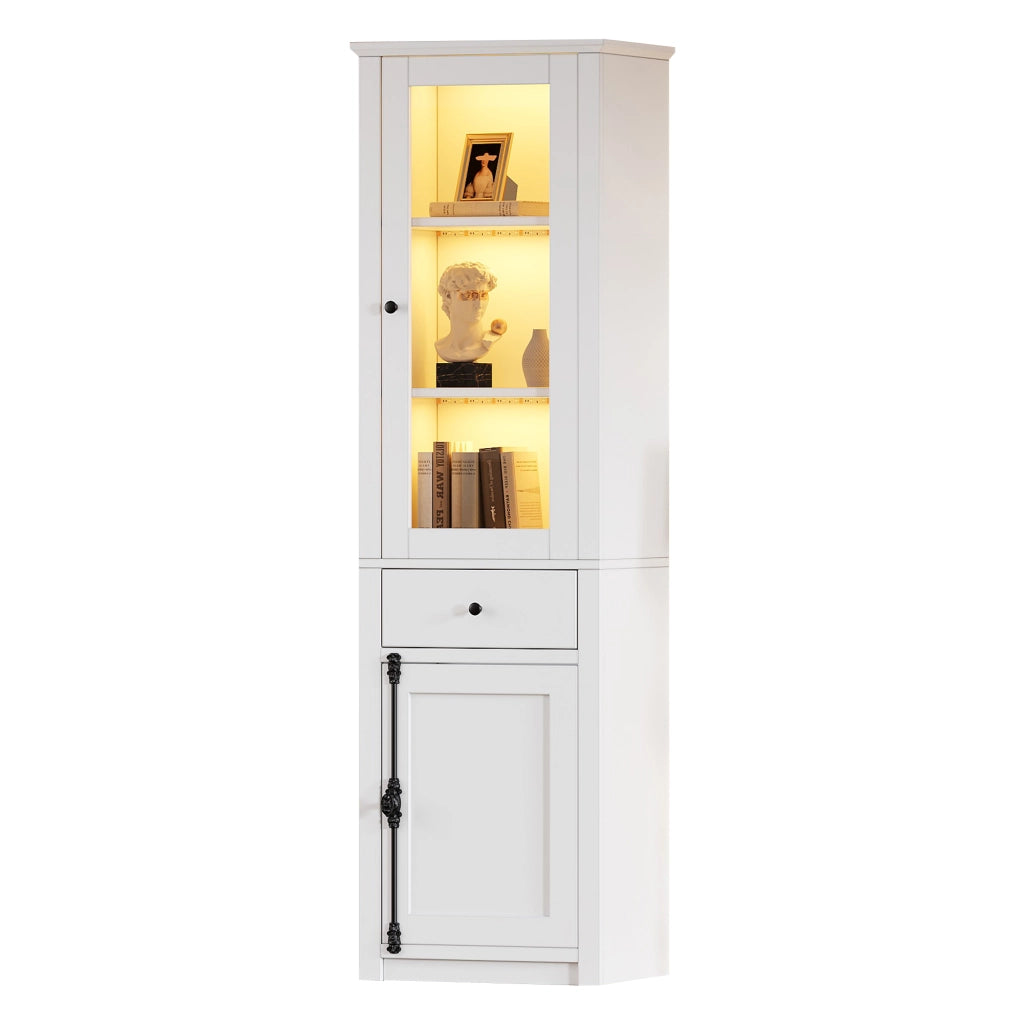 Vetrina alta con LED, 2 ante e 1 cassetto, 5 ripiani e vani contenitore, per soggiorno, in truciolato bianco 55 × 40 × 200 cm