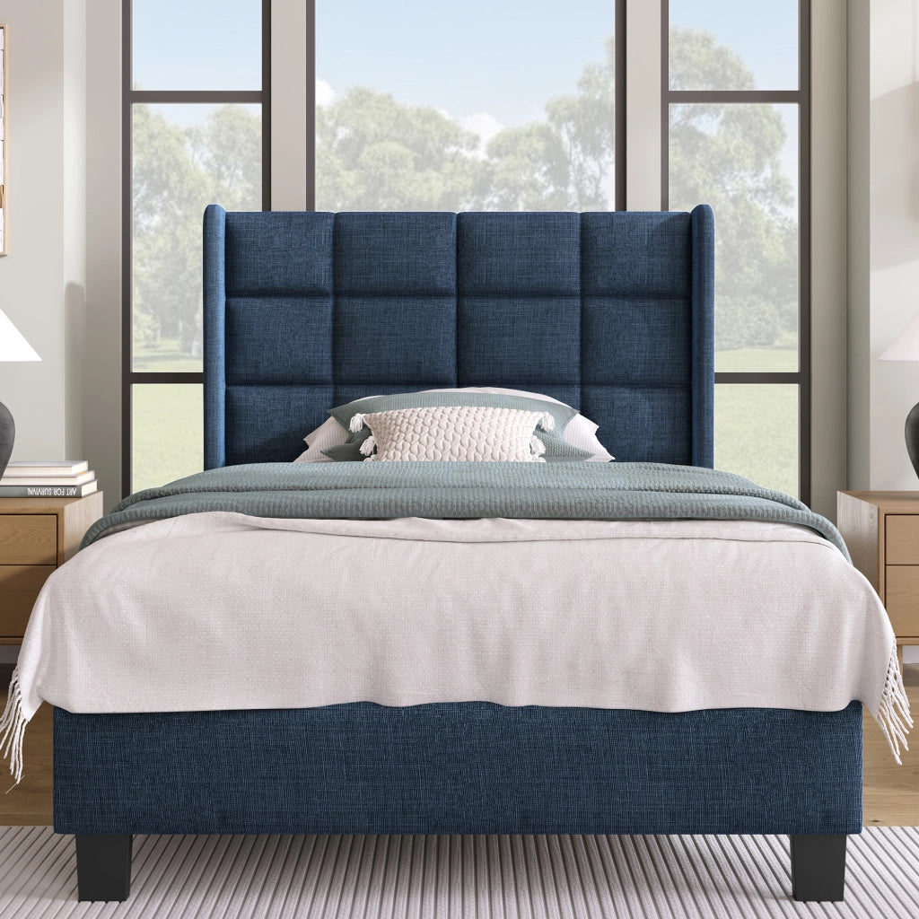 Letto Singolo 90×200 cm con Testiera Imbottita e Doghe; senza Materasso; in Lino Blu