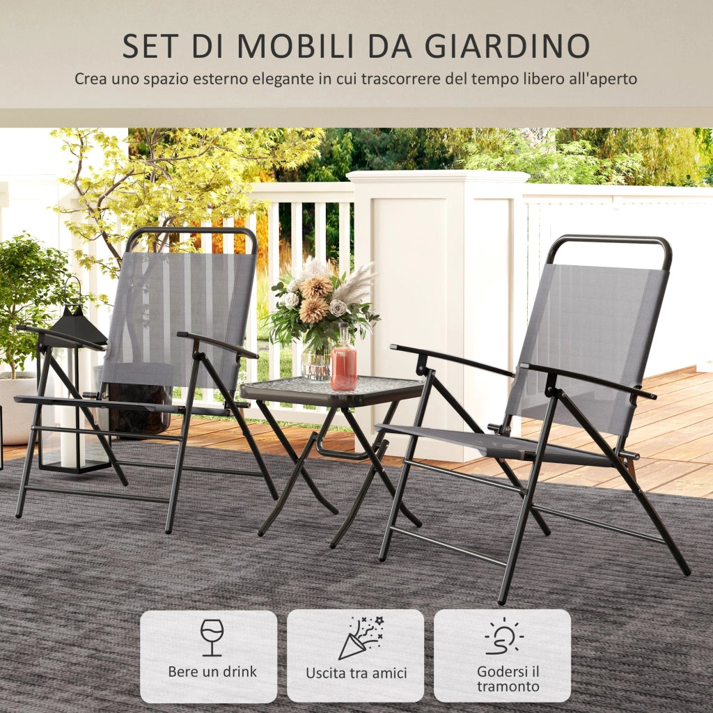Set da Giardino 3 Pezzi Tavolo con Piano in Vetro e 2 Sedie Pieghevoli Grigio