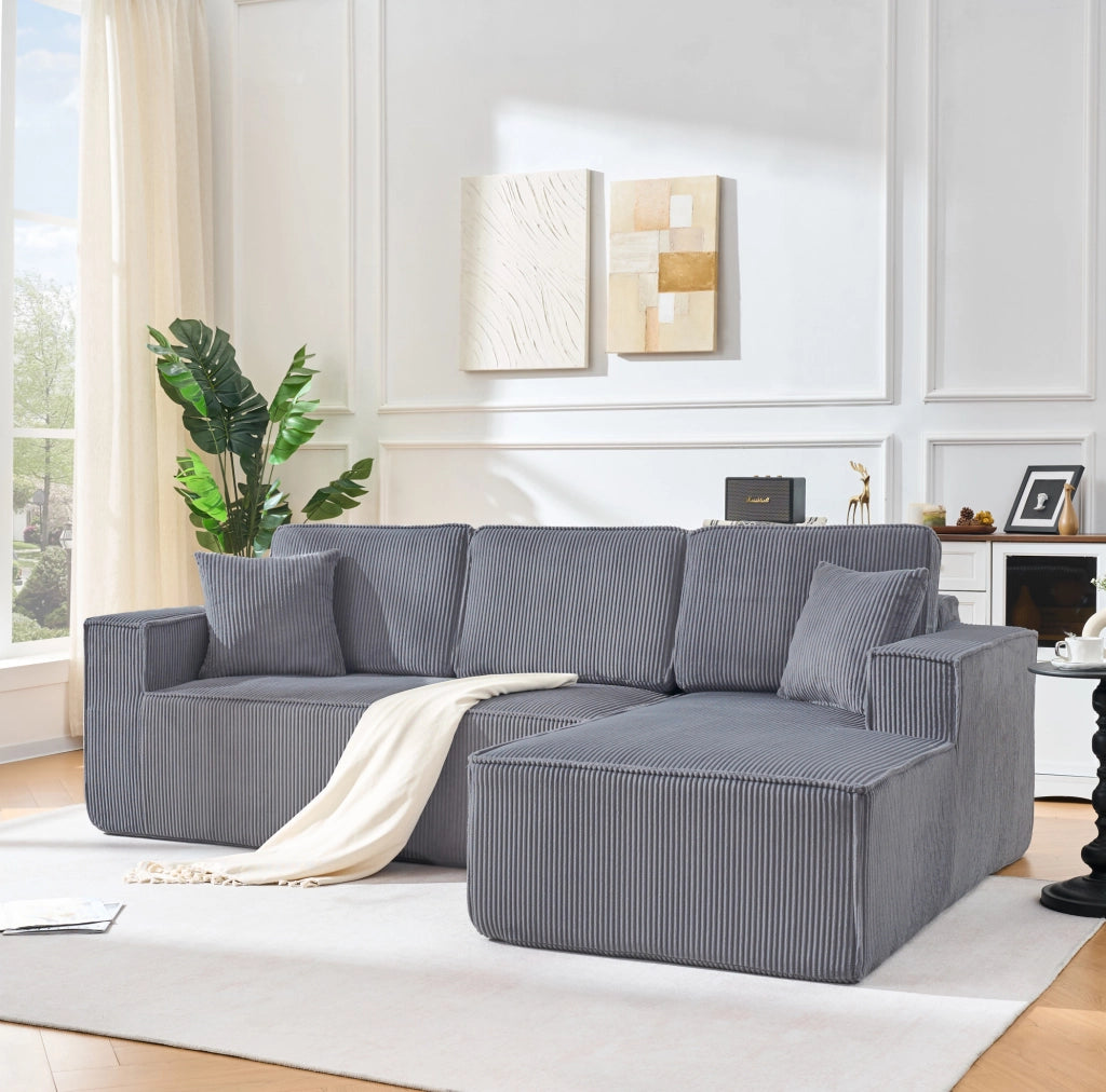 Divano modulare a L con chaise longue; 235x128x60 cm; in corduroy grigio