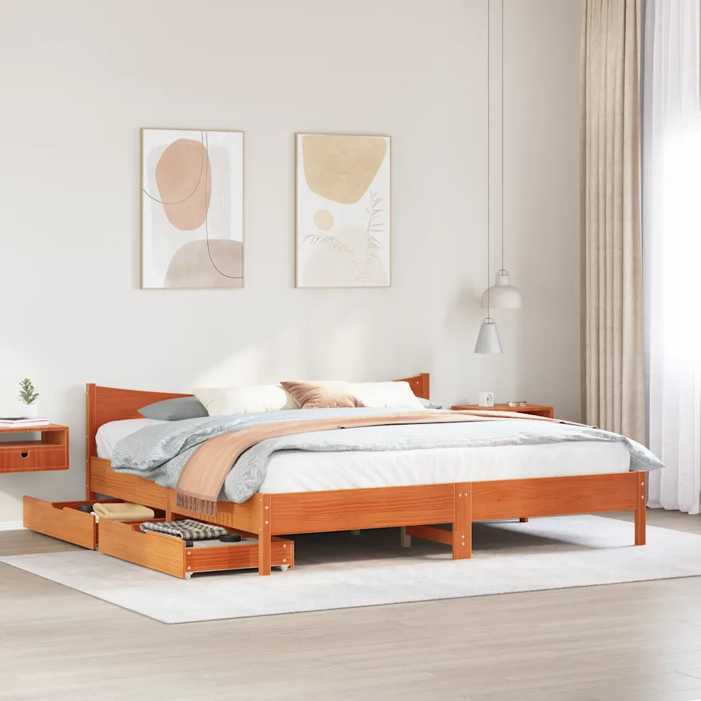 Giroletto con Cassetti-Struttura Letto con contenitore Marrone Cera 200x200 cm Massello Pino