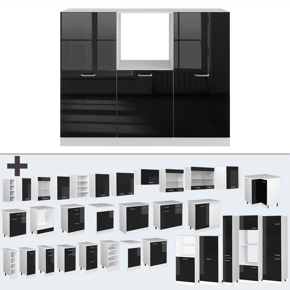 Cucine componibili piccole R-Line Nero lucido/Bianco 180 cm senza piano di lavoro Vicco