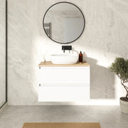 Mobile bagno sospeso 100cm due cassetti bianco opaco con top rovere chiaro | Hexa