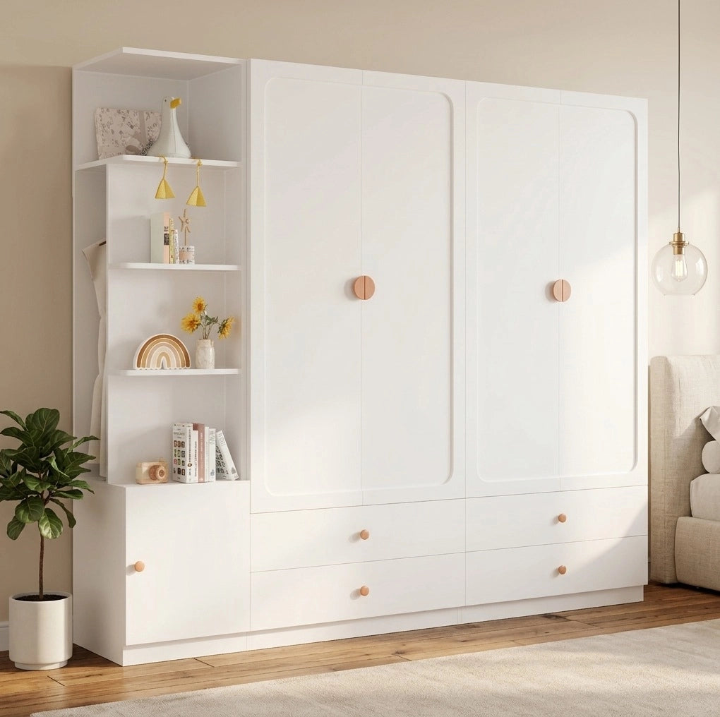 Armadio bianco 225 × 45 × 200 cm con 3 barre appendiabiti e 4 cassetti