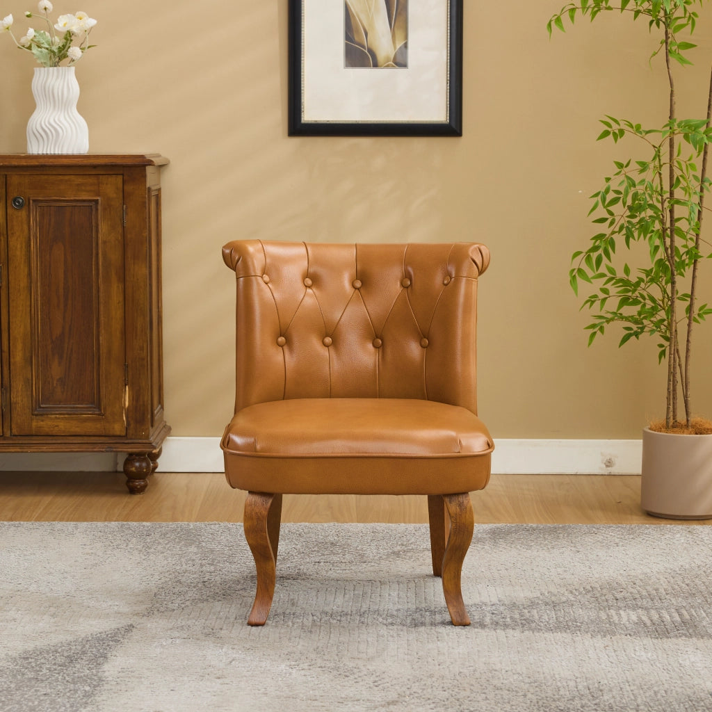 Sedia da pranzo in pelle con gambe in legno e bottoni decorativi - marrone chiaro