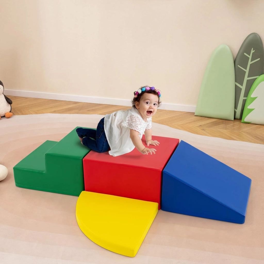 Set di Blocchi in Schiuma per Bambini 4 Pezzi, Set di Costruzioni Morbide in PU + EPE per Sviluppo dei Bambini, Gioco Attivo Interno per Arrampicarsi e Gattonare (Colorato)