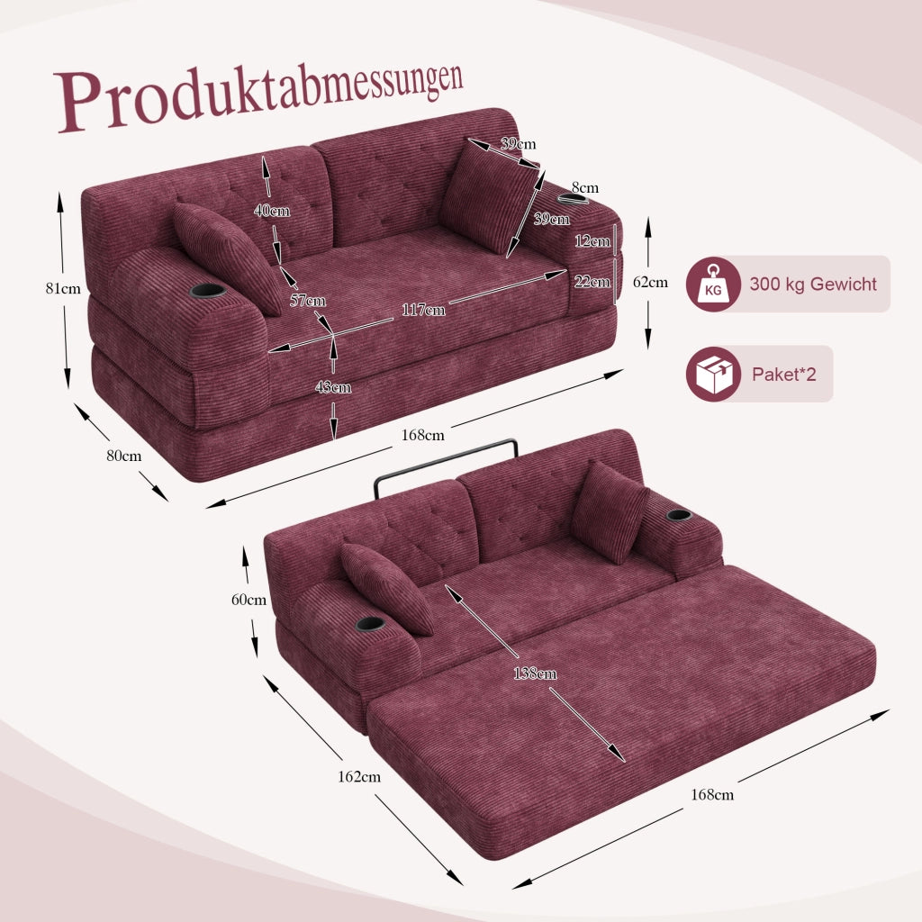 Divano letto in tessuto a coste con schienale alto, 4 tasche laterali e 2 portabicchieri, rosso vino 168 × 80 × 81 cm