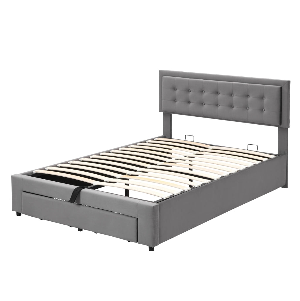 Letto matrimoniale imbottito con contenitore e cassetti; testiera regolabile in velluto grigio 140 x 200 cm