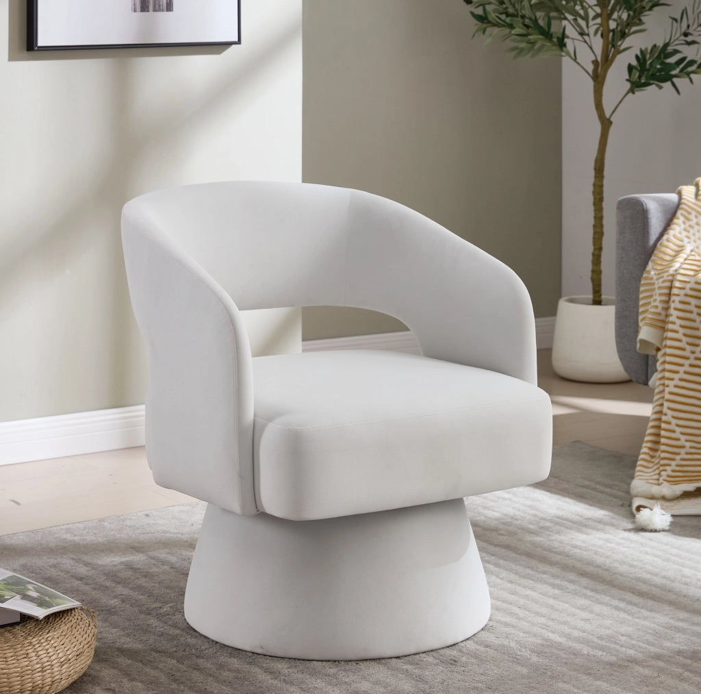 Poltrona girevole moderna in ciniglia beige con base compatta