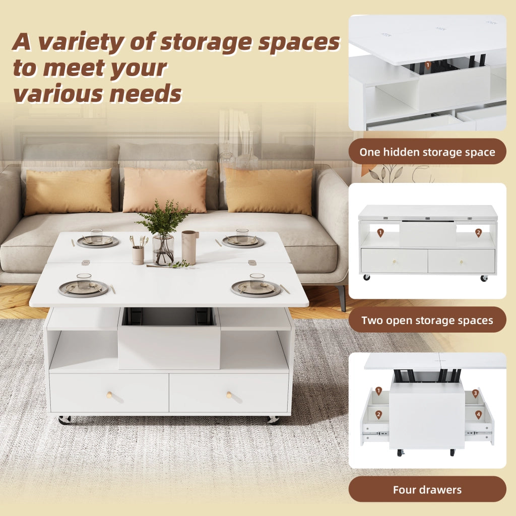 Tavolino Da Salotto Sollevabile con 4 Cassetti e Piano Ribaltabile; Idraulico; Stile Moderno; in MDF; 100×50×47;5 cm; Bianco