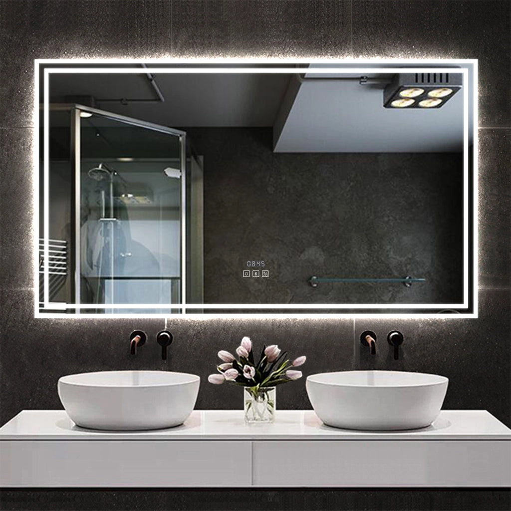 Specchio da bagno Aica LED 140 x 80 cm + Orologio + Bluetooth + luminosità regolabile tricolore