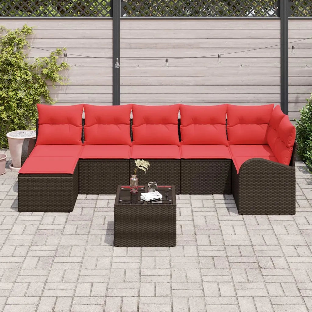 Set di divani con cuscino 8 pcs Marrone e Rosso polyrattan