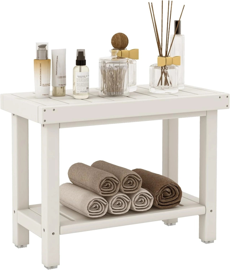 Sgabello da Doccia a 2 Livelli, Panca da Bagno Impermeabile con Piedini Antiscivoli, Design a Stecche, Sgabello Versatile con Carico 150 kg, 61 x 31 x 49 cm (Bianco)