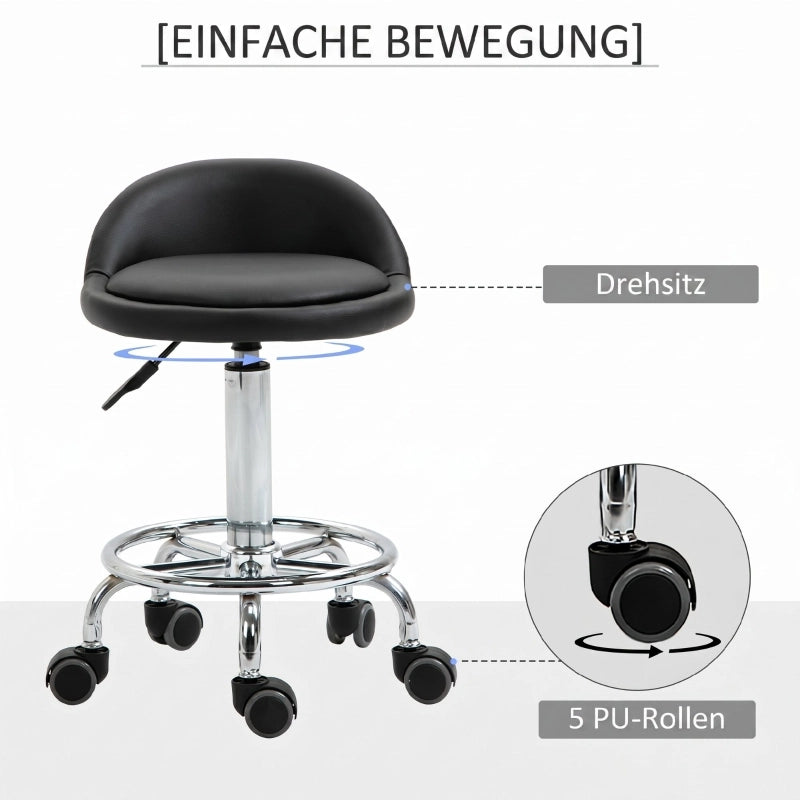 Sgabello con ruote con schienale regolabile in altezza e poggiapiedi set da 2 per ufficio e salone in similpelle nera