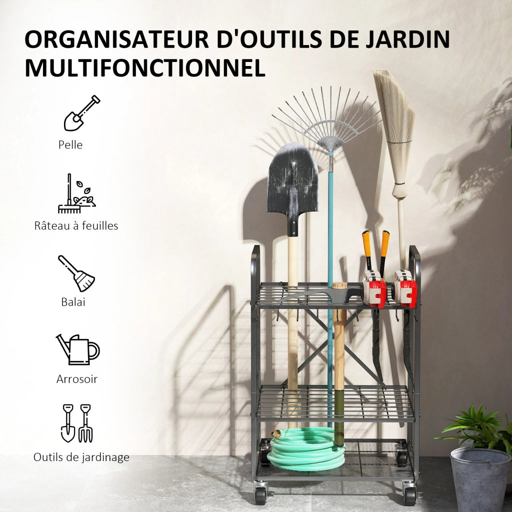 Organizzatore per attrezzi da giardino 40 scomparti 2 livelli con ruote ¨C zephmum ¨C 57x48x70 cm nero