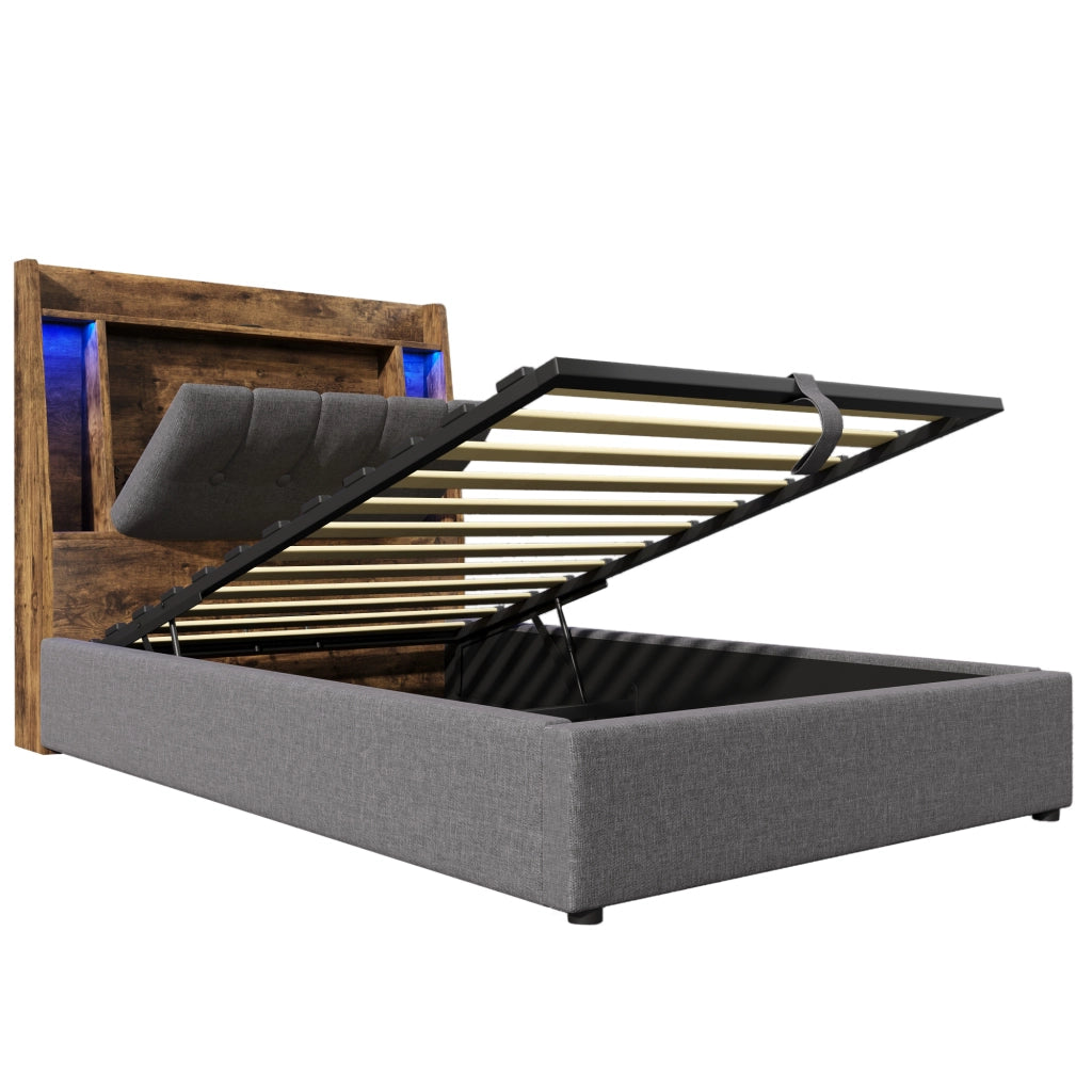 Letto singolo imbottito 90x200cm con ricarica LED e USB C in lino grigio