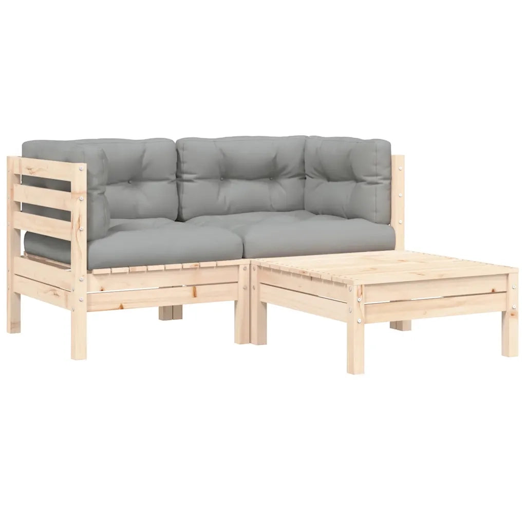 Salotto da Giardino-Set Divani da Giardino 3 pz con Cuscini Grigi Massello di Pino