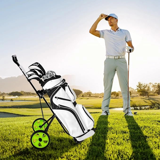 Carrello da Golf Pieghevole con 2 Ruote, Carrello da Golf in Ferro con Tabellone Segnapunti, 140 x 63,5 x 113 cm, Nero(Verde)
