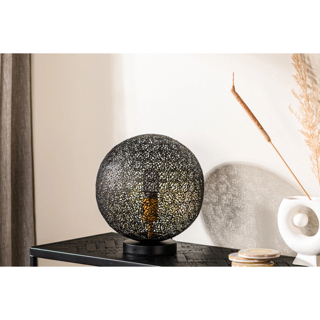Lampada da tavolo sferica T340 nera 30 cm in metallo traforato