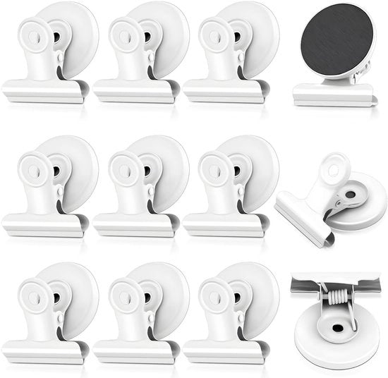 Pacco di 12 clip magnetiche forti, clip magnetiche per frigorifero, magneti inresinabili con chiusura, magneti piccoli per avvisi, clip magnetiche per foto, ufficio, scuola, bianco