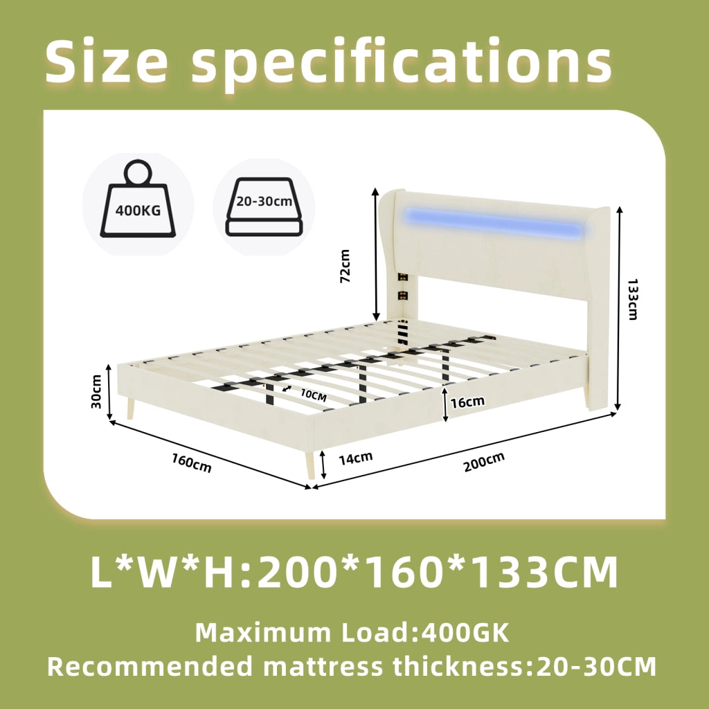 DESMIU Lit simple 160 × 200 cm con LED regolabile e schienale regolabile, senza materasso, in tessuto, beige