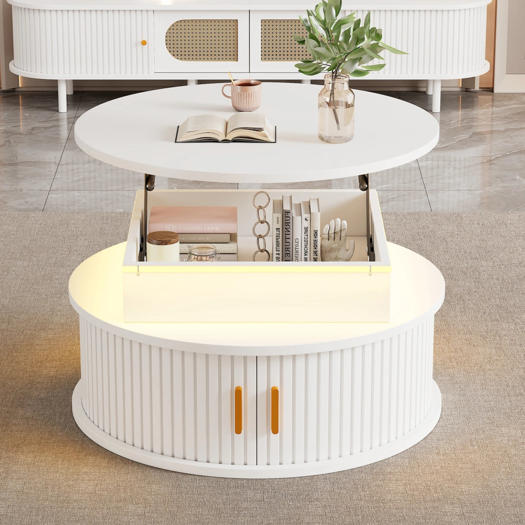 Tavolino da salotto elevabile rotondo con 5 vani e 2 serrande con LED; in MDF bianco lucido; 75×75×52 cm